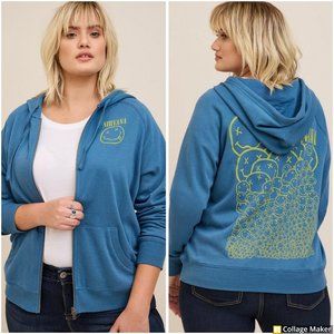 Torrid Hydro Blue Teal Nirvana Smiley Face Fleece Zipper Hoodie Sweatshirt 3 3X
